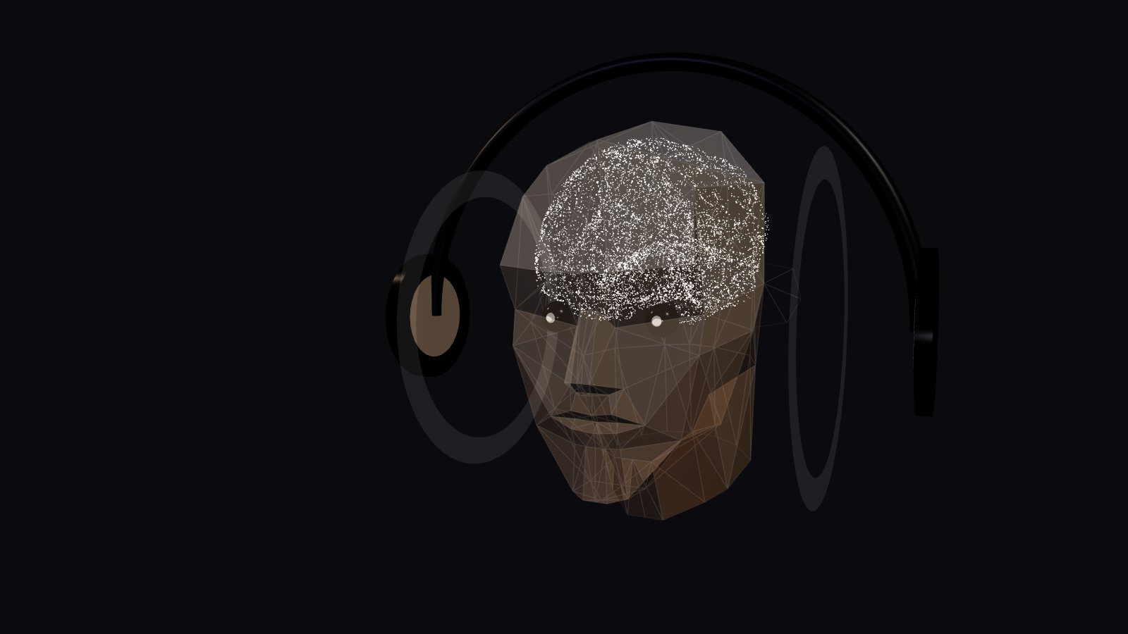 Low-poly head in headphones, the 107key listening object